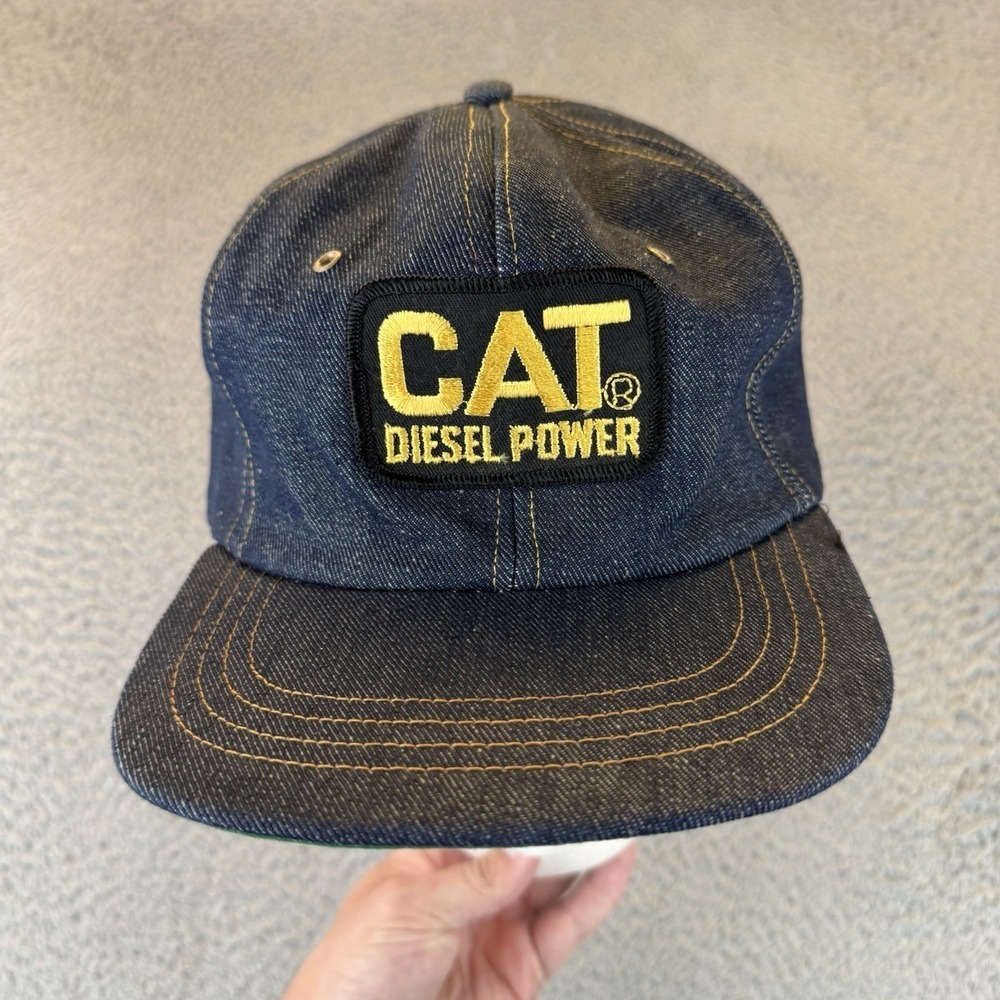 Vintage CAT Denim Diesel Power Trucker Hat 80s Patch Snapback Cap USA Union Made